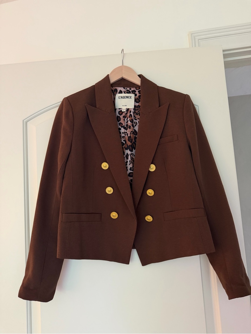 L'AGENCE Brown Double-Breasted Cropped Blazer with Gold Buttons